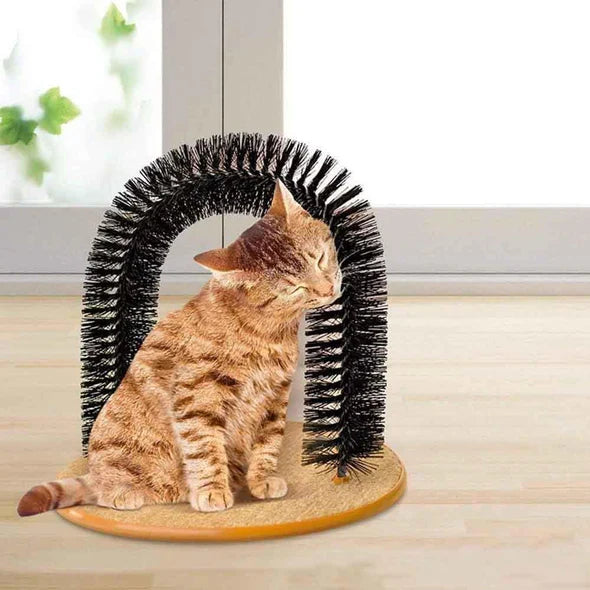 Multi-functional cat arch for self-grooming, massage, and shedding control, enhancing pet comfort.
