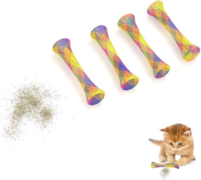Colorful flexible mesh cat toy sticks. Designed for interactive play & feline enrichment.