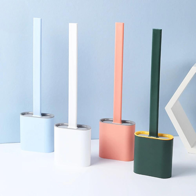 Flexible silicone toilet brush with holder for deep bathroom cleaning & hygiene. Modern, durable home essential.