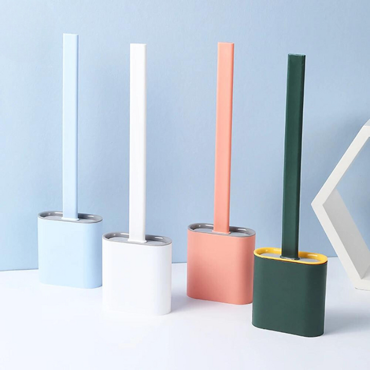 Flexible silicone toilet brush with holder for deep bathroom cleaning & hygiene. Modern, durable home essential.
