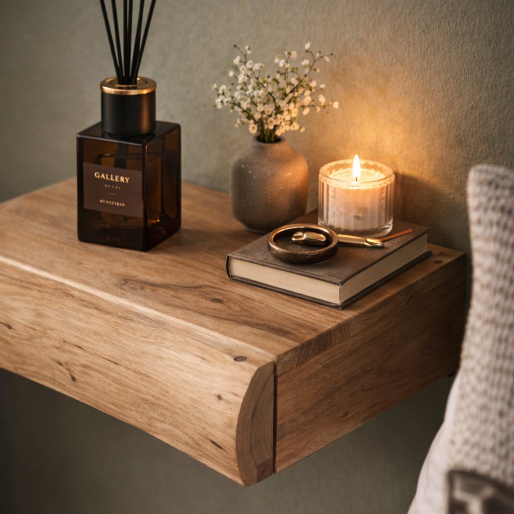 Minimalist wall-mounted bedside tables, set of 2, perfect for modern bedroom decor & home organization.