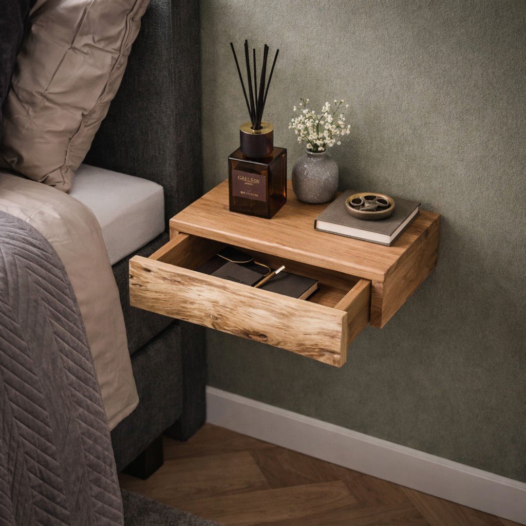Set of 2 floating bedside tables for modern home organization, ideal wall-mounted storage in any bedroom.
