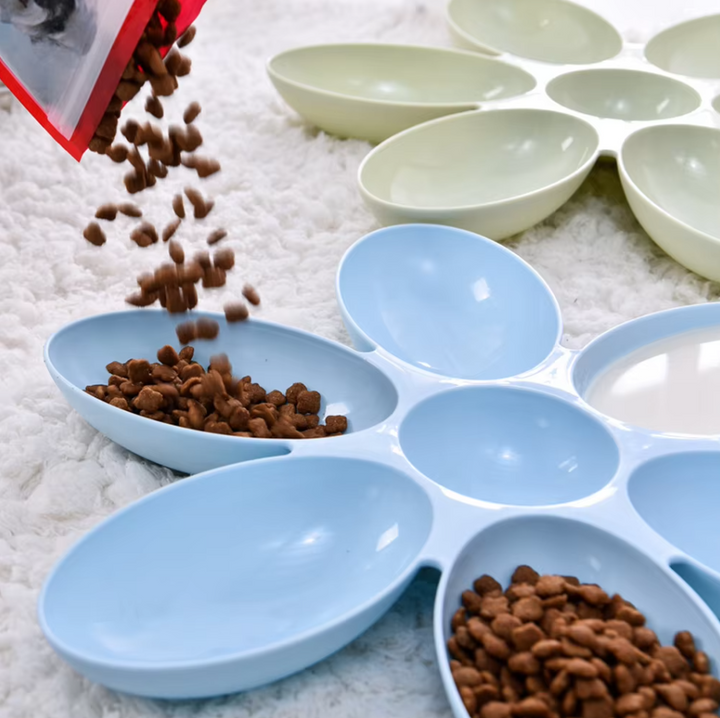 Vibrant flower multi-cat feeding dish. 6 bowls for food/water. Perfect pet feeder for kittens & small dogs.