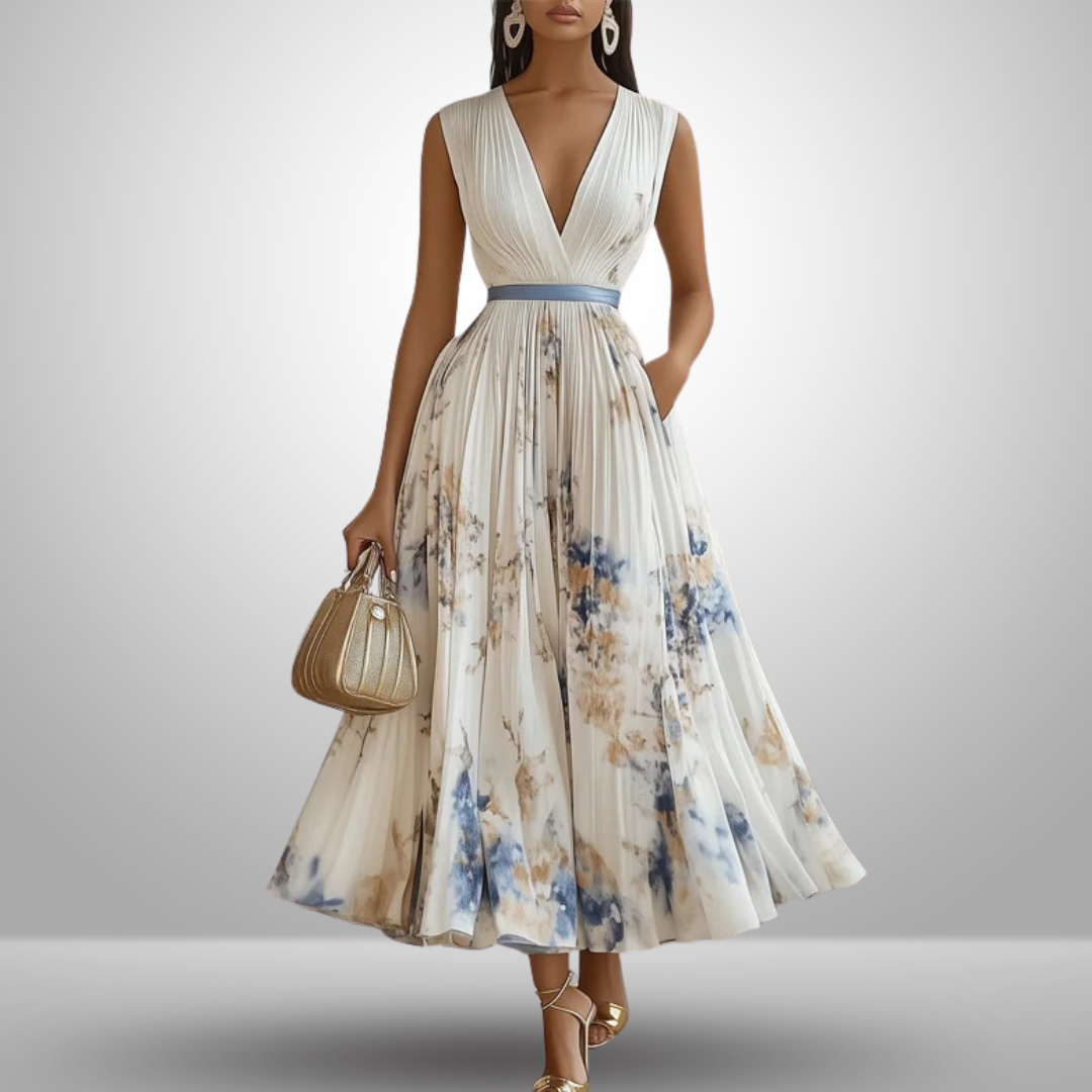 Flowy sleeveless summer maxi dress for women, printed, V-neck, elegant for parties.