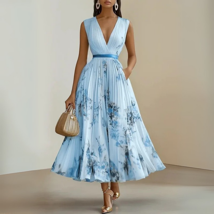 Women's summer flowy sleeveless maxi dress, printed, V-neck, comfortable and casual.