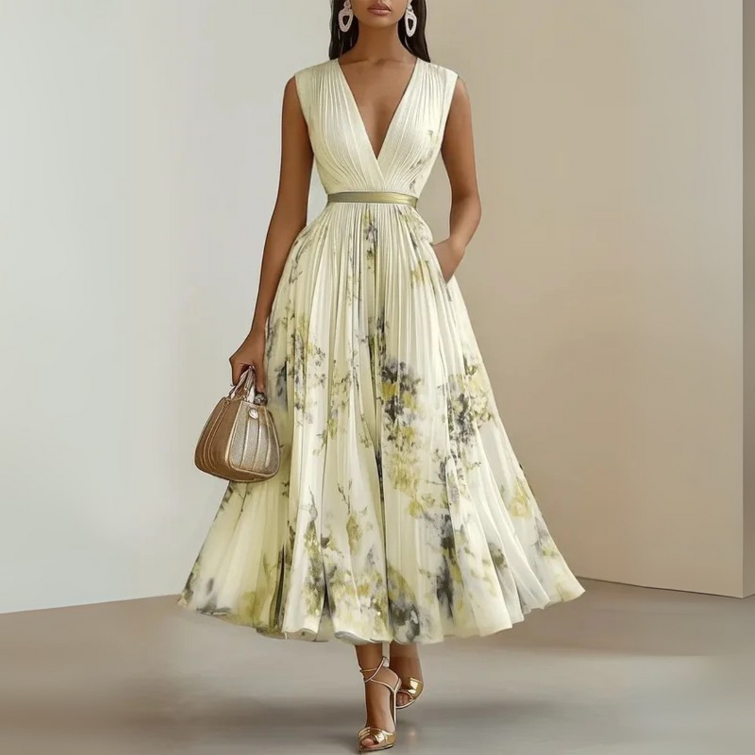 Stylish sleeveless maxi dress for women, flowy fabric, printed pattern, V-neck design.