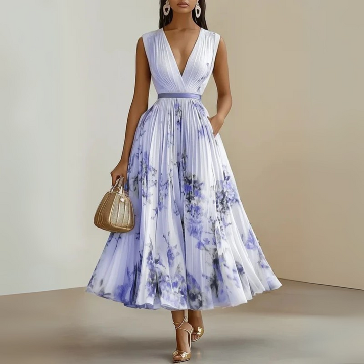 Printed flowy sleeveless maxi dress, women's summer wear, V-neck, casual elegance.