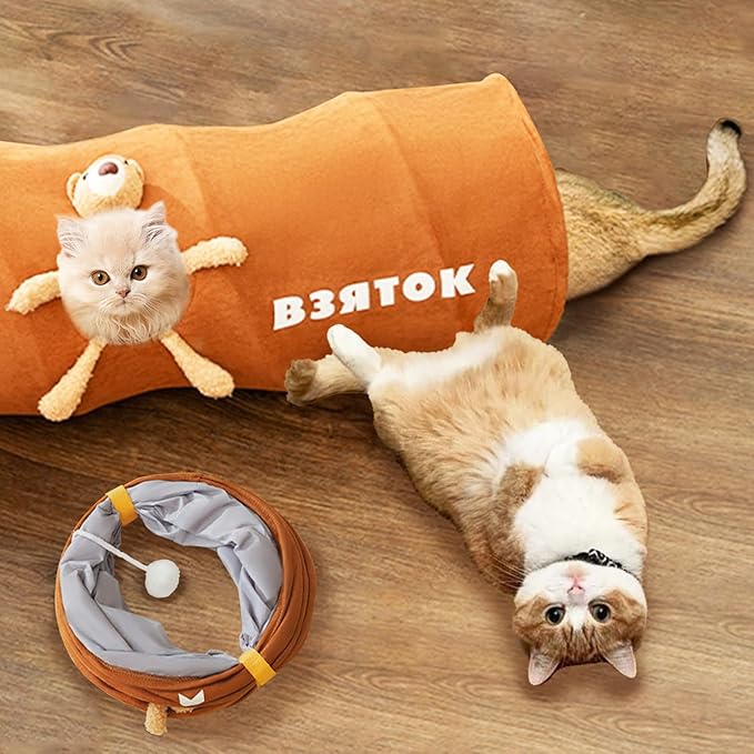 Foldable cat play tunnel for interactive feline fun & enrichment. Great pet toy for kittens to explore & hide.