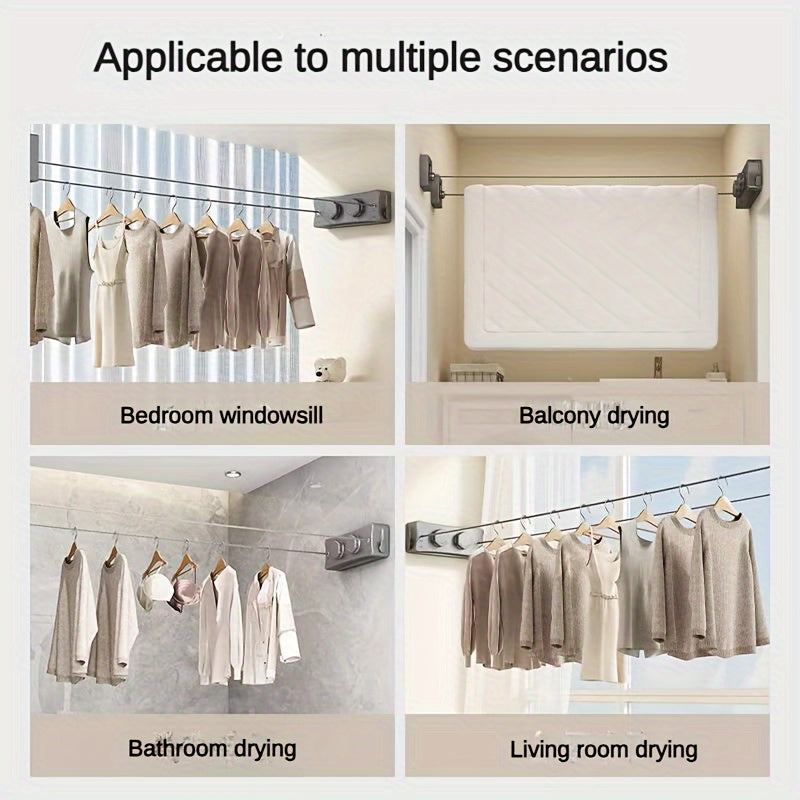 Home organization solution: foldable double clothesline. Space-saving, compact laundry drying rack, stainless steel.