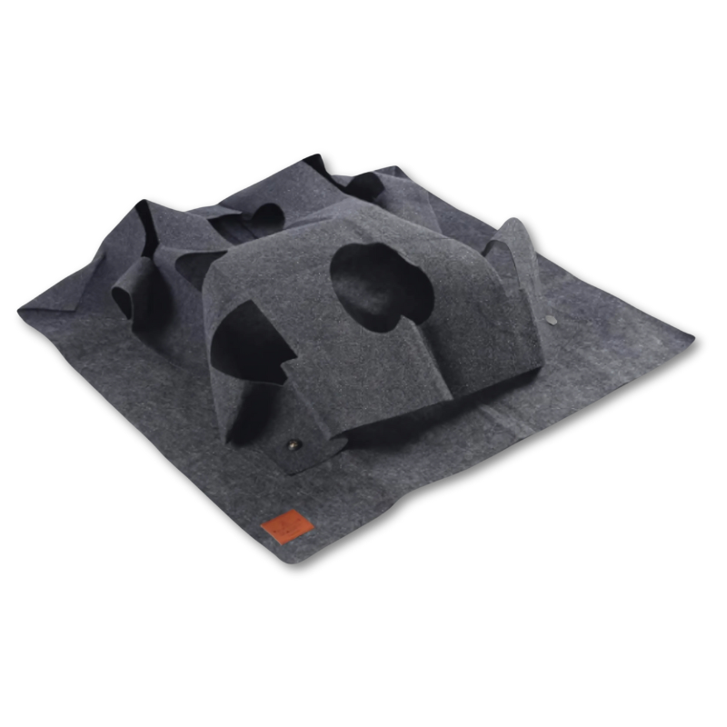 Foldable interactive cat mat with activity maze & tunnel for feline stimulation & engaging play.