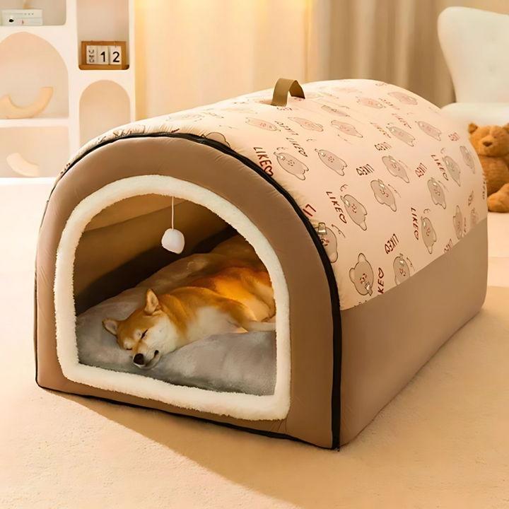Foldable pet house bed for cats & dogs, providing a cozy hideaway retreat with memory foam comfort. Brown & grey options.