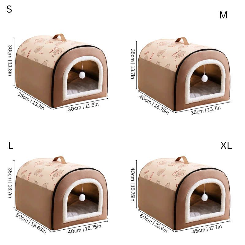 Warm, cozy pet house bed for cats & dogs. A comfortable hideaway retreat with memory foam, available in brown & grey.