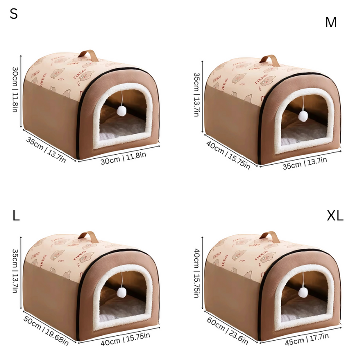 Warm, cozy pet house bed for cats & dogs. A comfortable hideaway retreat with memory foam, available in brown & grey.