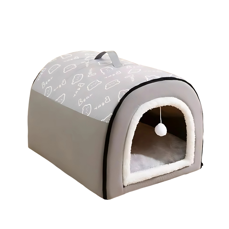 Cozy, foldable pet house bed for cats & dogs. A warm memory foam hideaway retreat in brown or grey for ultimate comfort.