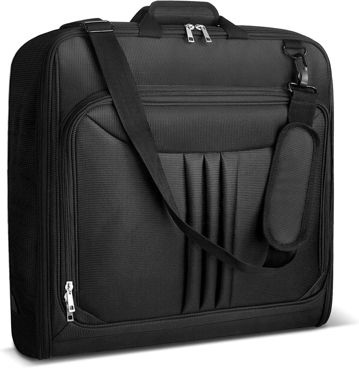 Foldable unisex carry-on garment bag for suits & dresses, perfect for wrinkle-free business travel.