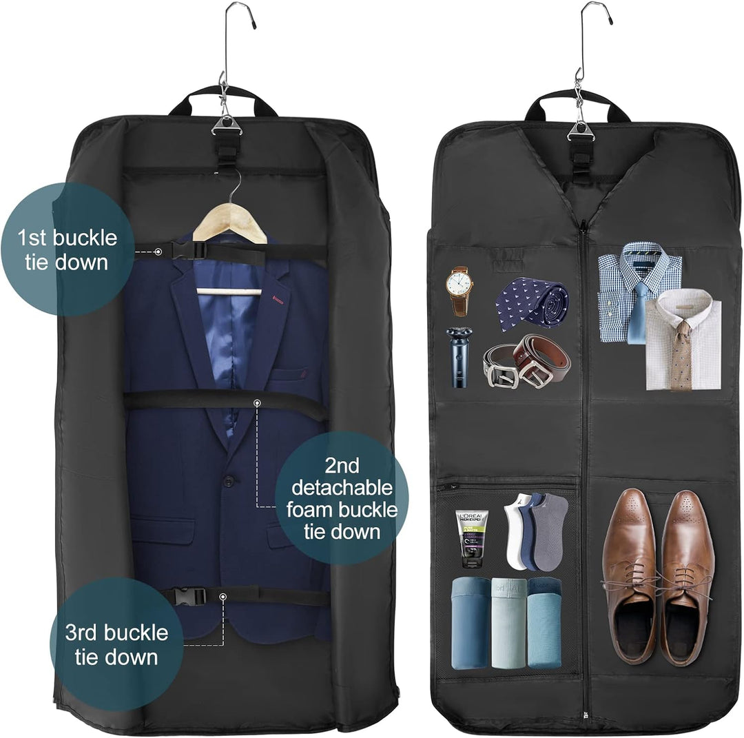 Wrinkle-free garment bag for suits & dresses, a sleek travel organizer and carry-on luggage solution.