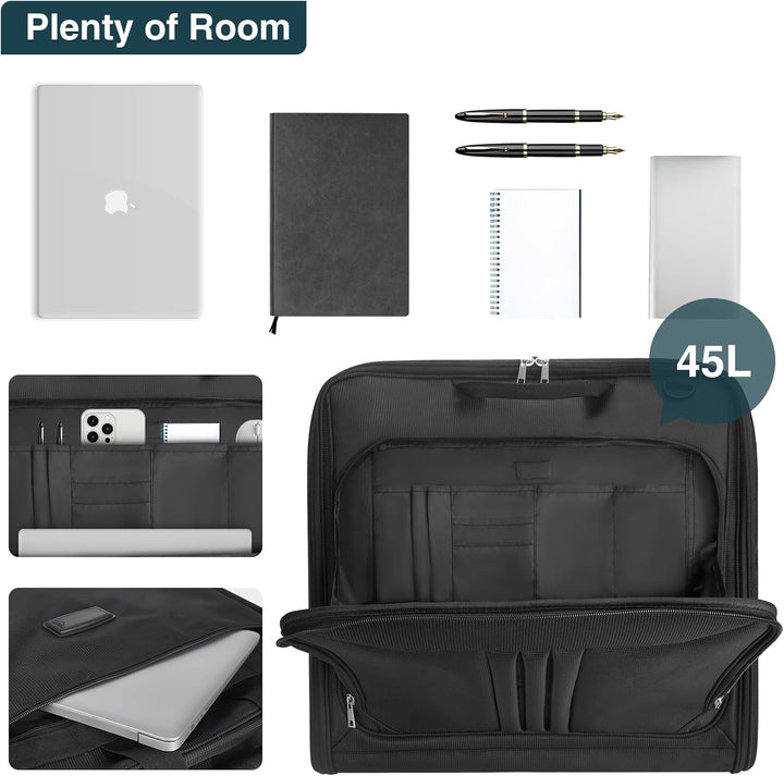 Portable garment bag with strap for suits & dresses, a foldable carry-on travel bag for business trips.