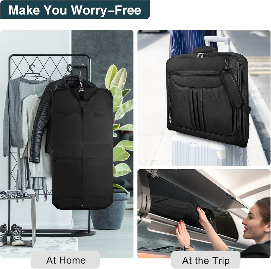 Stylish foldable carry-on garment bag for suits & dresses, ideal for travel, keeping clothes wrinkle-free.