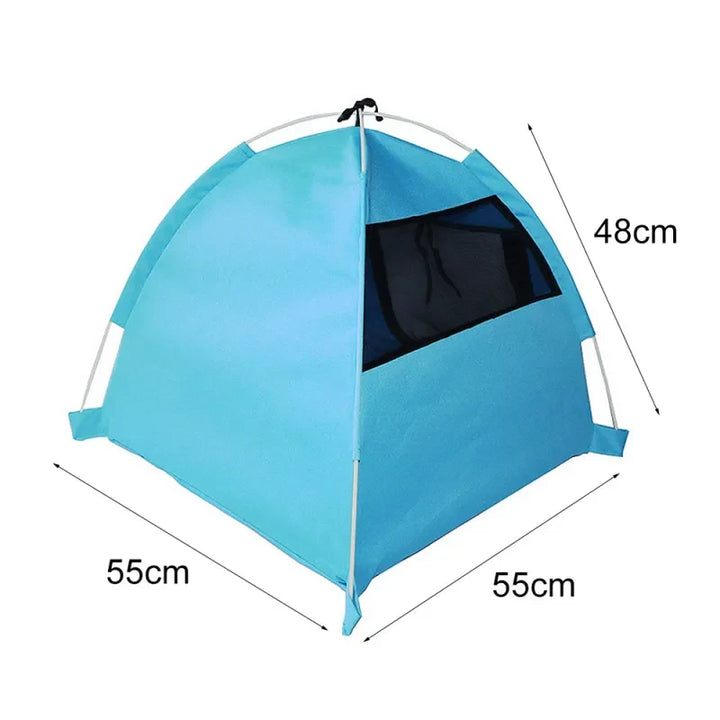 Blue & orange portable pet tent. Waterproof, foldable outdoor dog & cat shelter for travel.