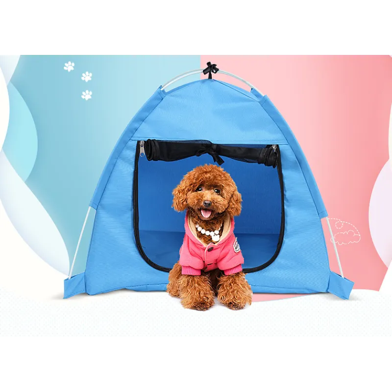 Blue & orange waterproof foldable pet tent. Ideal portable outdoor house for dogs & cats.