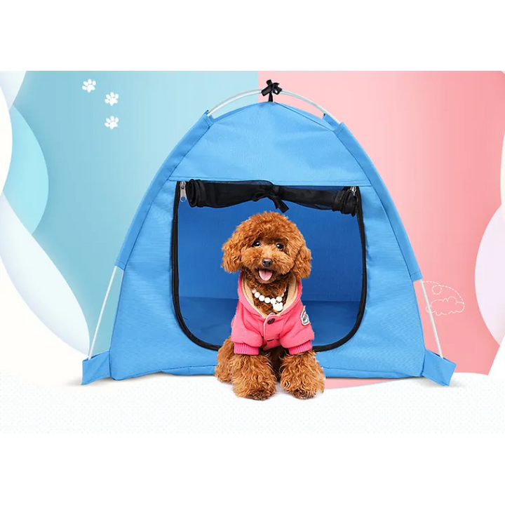 Blue & orange waterproof foldable pet tent. Ideal portable outdoor house for dogs & cats.