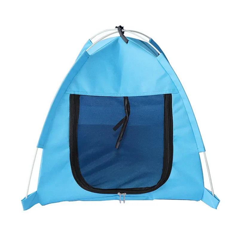 Blue & orange waterproof pet tent, foldable & breathable. Outdoor shelter for dogs & cats.