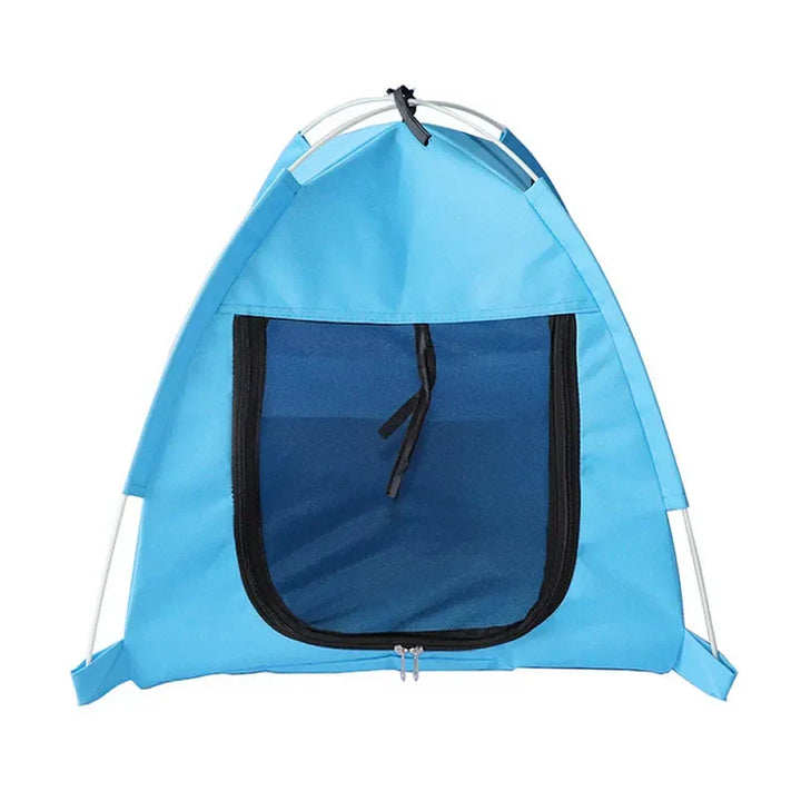 Blue & orange waterproof pet tent, foldable & breathable. Outdoor shelter for dogs & cats.