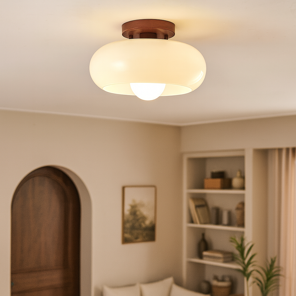 French Bauhaus ceiling lamp with warm wood detail, opal glass, and modern design for ambient living room lighting.