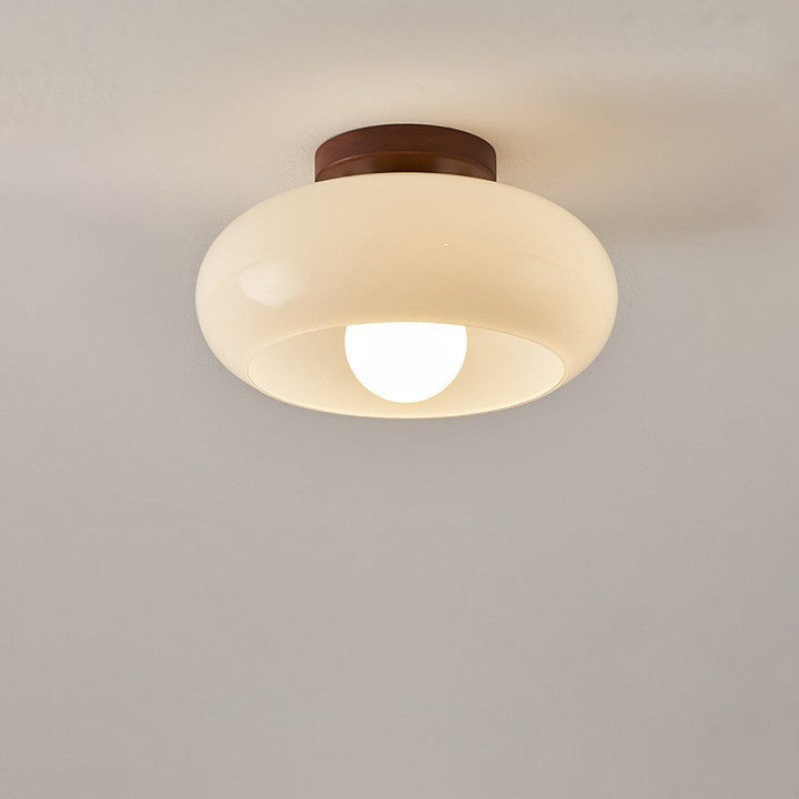 Chic French Bauhaus ceiling light with natural wood accent & opal glass shade, perfect for modern home decor lighting.