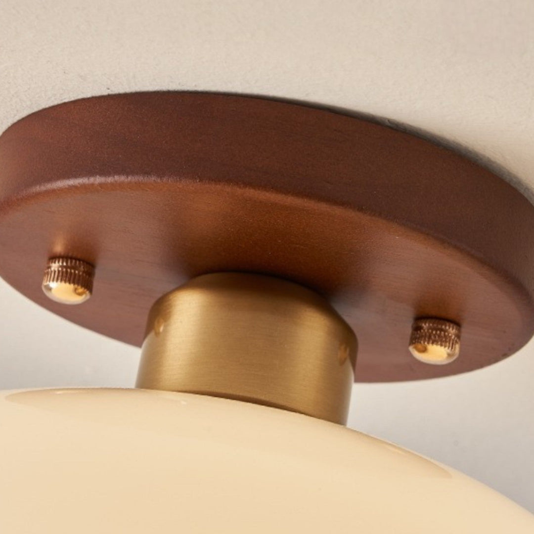 Warm French Bauhaus ceiling lamp, wood and opal glass, modern lighting, great for living room & ambient home decor.