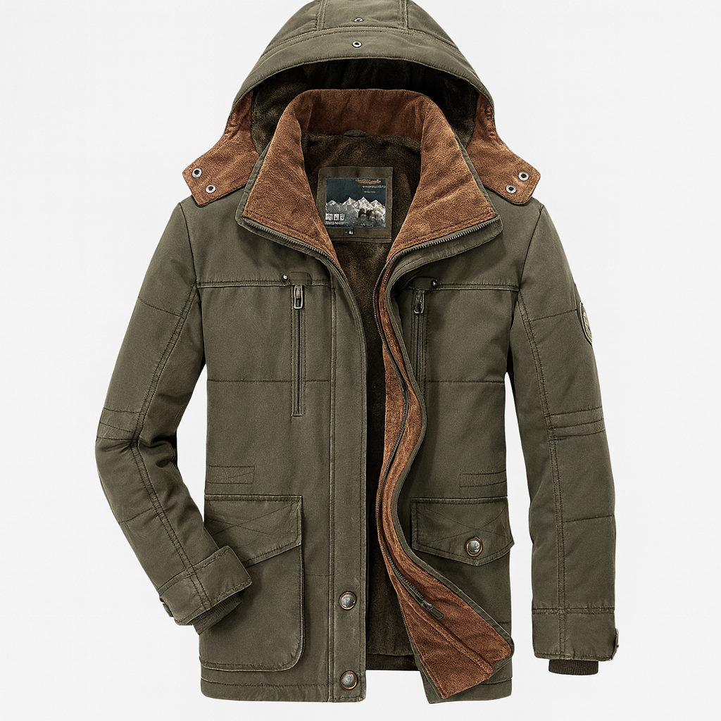 Front view of a Men's All-Weather Insulated Winter Jacket, waterproof and breathable for cold climates.
