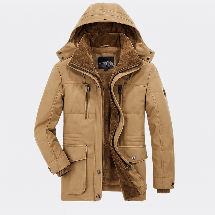 Side profile of a durable Men's Insulated Winter Coat, ideal outerwear for extreme cold weather protection.