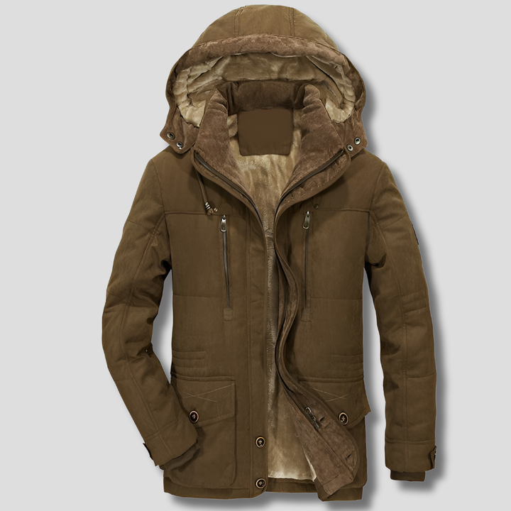 Close-up of the fabric texture on a Men's Breathable Winter Jacket, highlighting its cold weather insulation.
