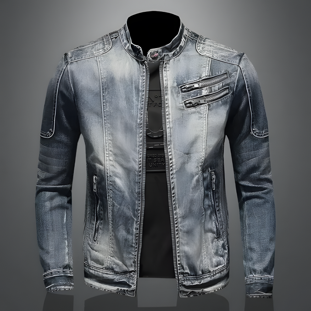 Front view of a men's retro denim trucker jacket, perfect for spring fashion and summer outerwear.