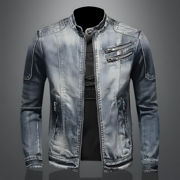 Front view of a men's retro denim trucker jacket, perfect for spring fashion and summer outerwear.