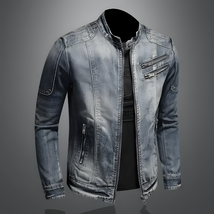 Side view of a vintage-style men's denim jacket, a lightweight and versatile addition to men's apparel.