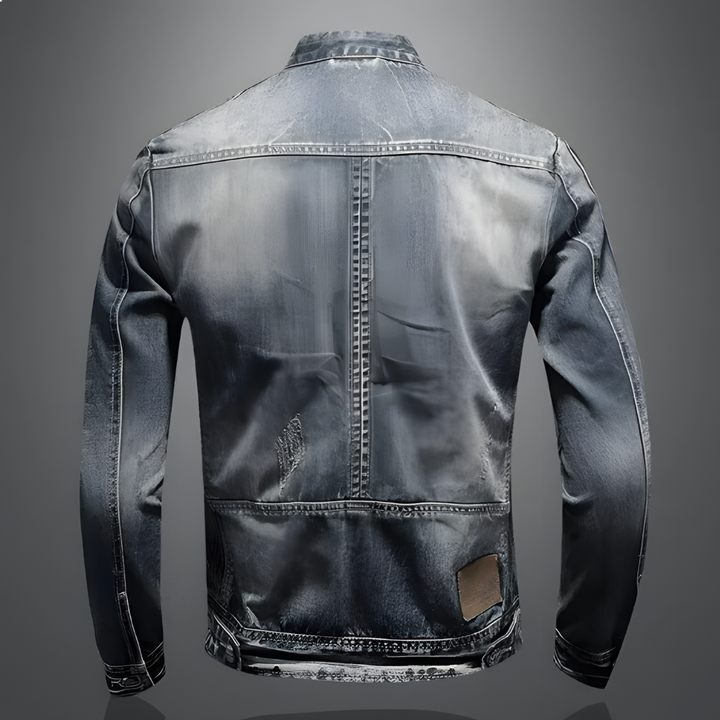 Close-up of the fabric texture on a new men's retro denim jacket, ideal for casual spring outfits.