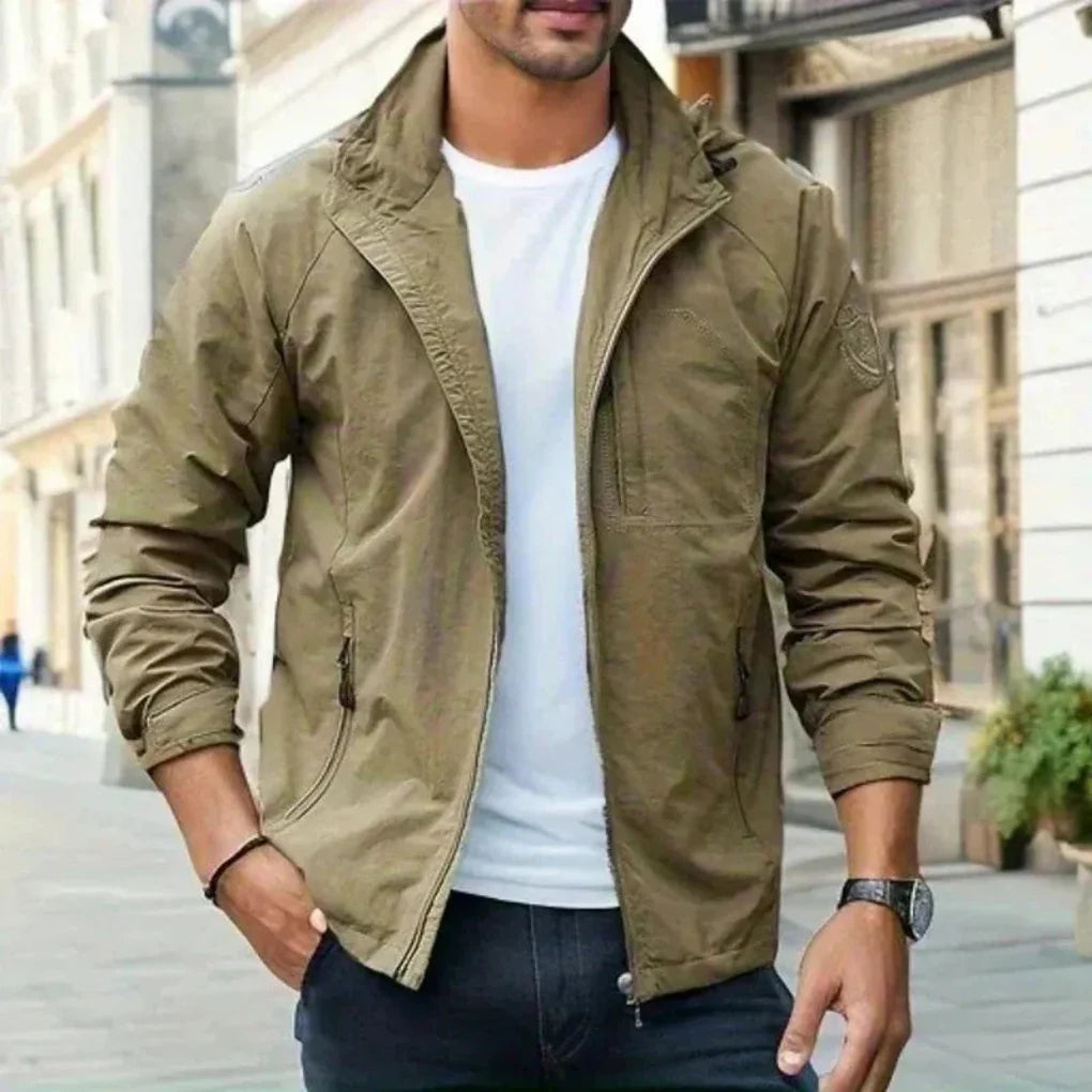 Front view of a men's water-resistant lightweight jacket in black, perfect for spring casual wear