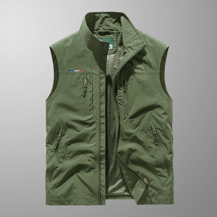 Front view of a new men's lightweight multi-pocket outdoor vest, ideal for fishing and hiking