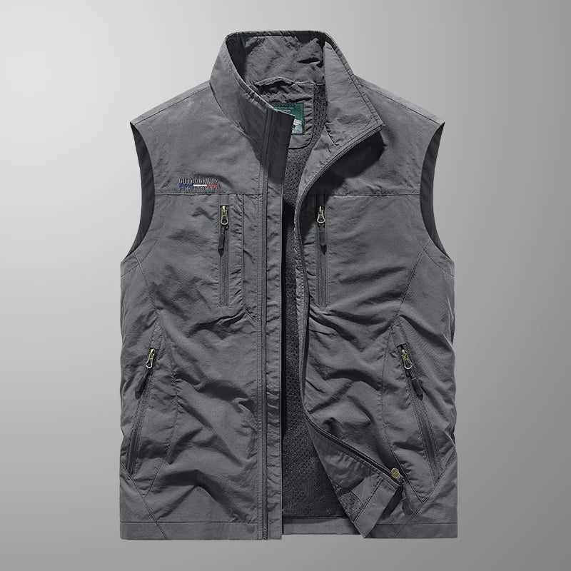 Back view of a multi-pocket men's outdoor vest, perfect for fishing, hiking, and travel apparel