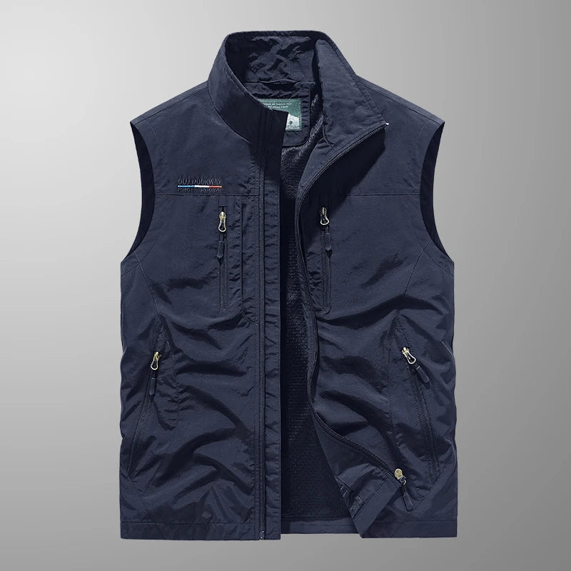Detailed shot of a zippered pocket on a men's lightweight quick-dry fishing and hiking vest