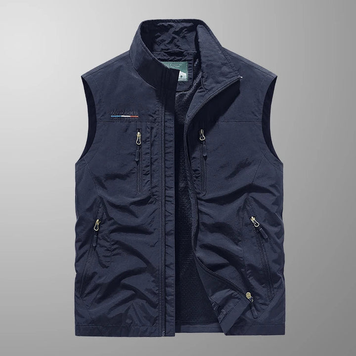Detailed shot of a zippered pocket on a men's lightweight quick-dry fishing and hiking vest