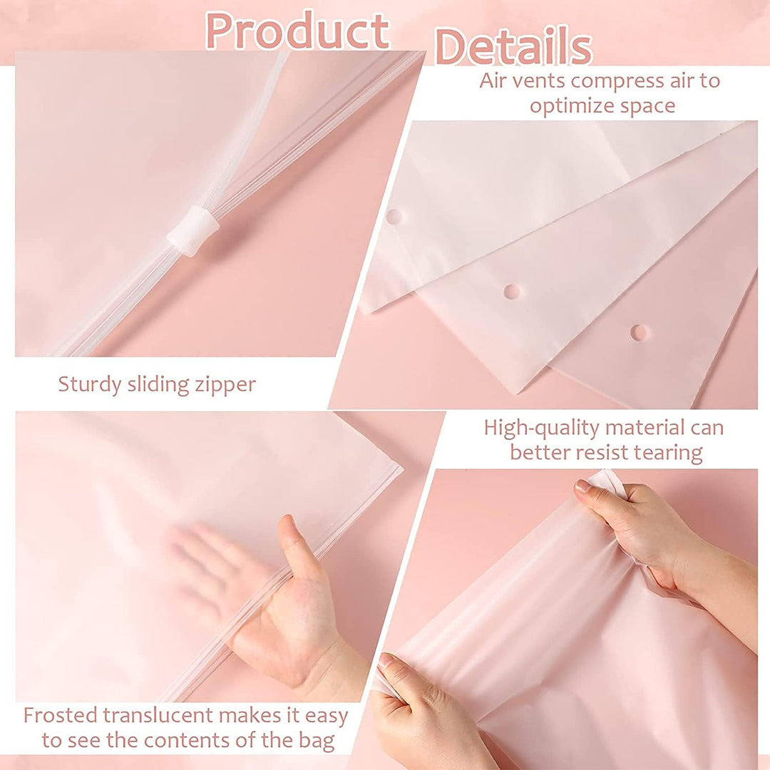 Frosted multi-purpose zip bags for garments, toiletries, & small items.