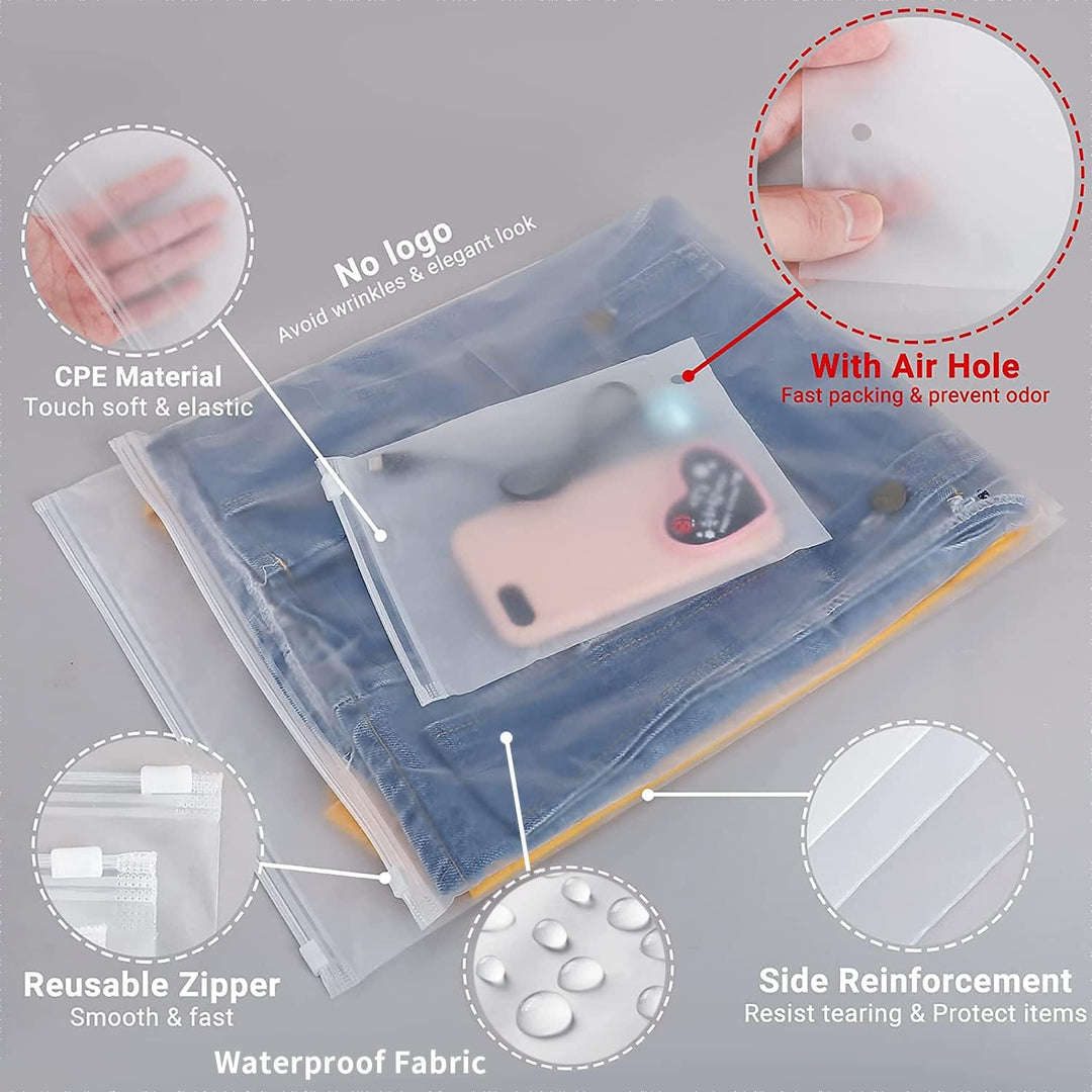 Reusable frosted zip bags for travel organization of clothes and essentials.