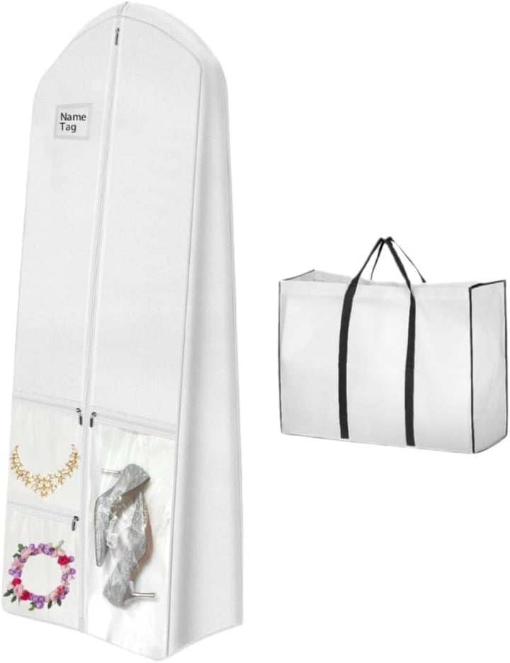 Full-length wedding dress garment bag for bridal gown storage & protection. Dustproof cover for formalwear travel.