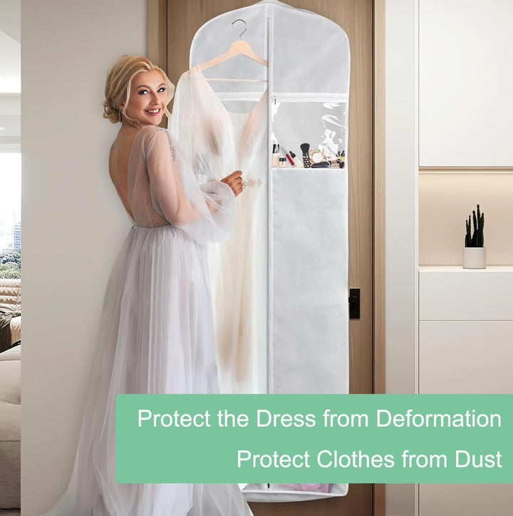 Premium dustproof wedding dress garment bag for safe storage and travel of bridal gowns, formalwear & accessories.