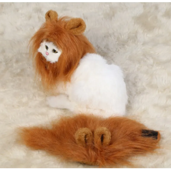 Close-up of a realistic lion mane cat costume with ears. Plush pet accessory for funny feline dress-up & photos.