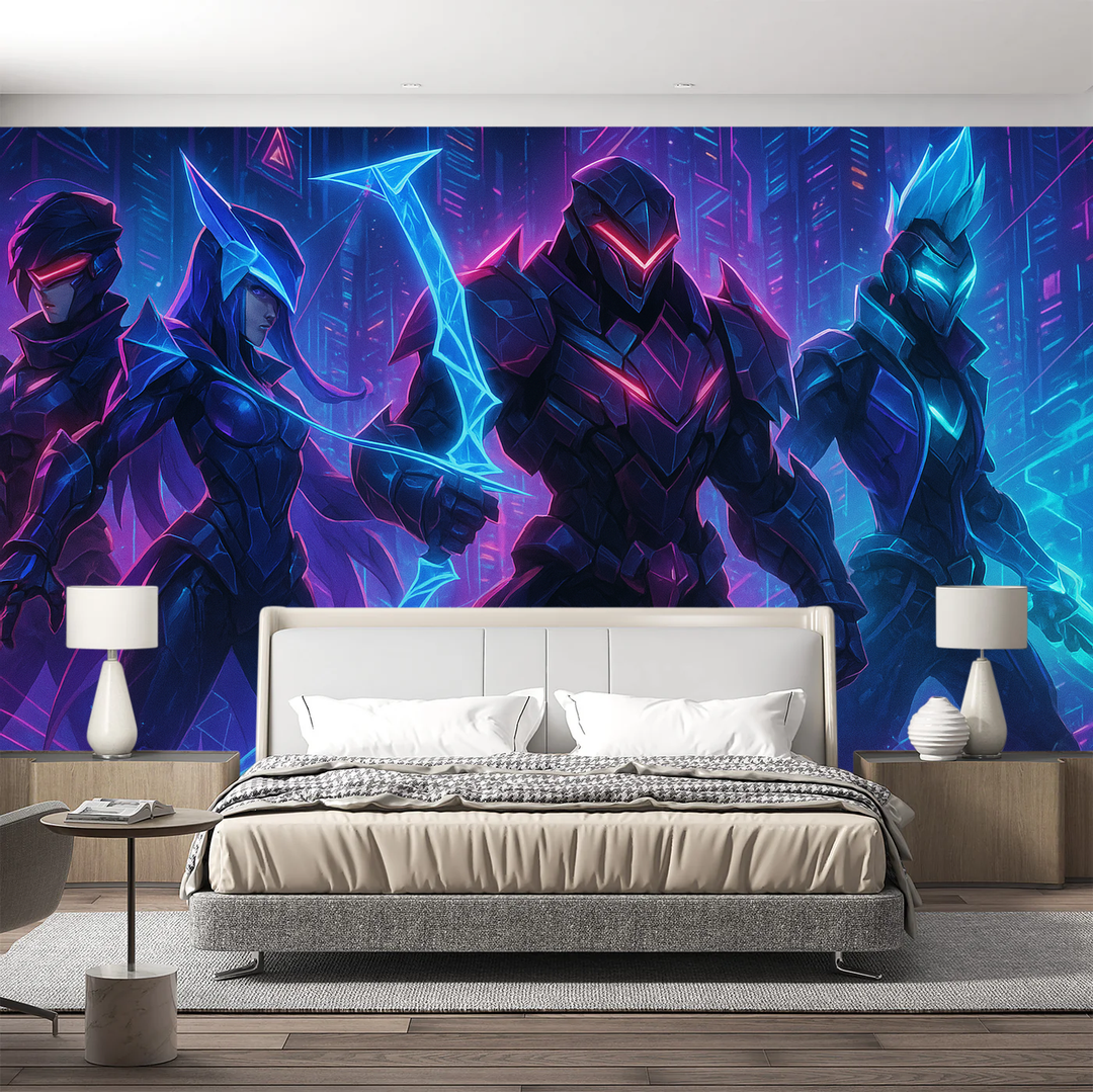 Gamer's Cyberpunk Wall Mural: Futuristic cityscape wallpaper with neon lights, ideal for gaming room decor & wall aesthetic.