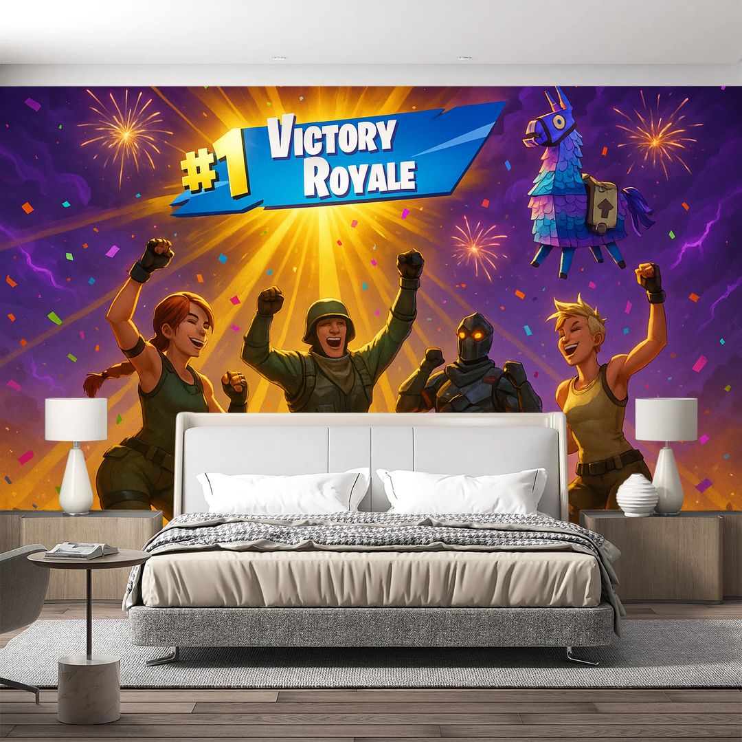 Gamer's Victory Royale theme peel & stick wallpaper. Epic battle royale wall decor for teen bedroom & gaming setup.