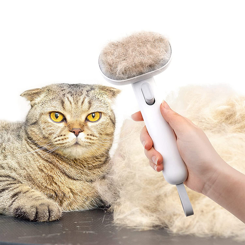 Gentle self-cleaning cat grooming brush for deshedding & massage. Removes tangles, promotes feline hygiene.